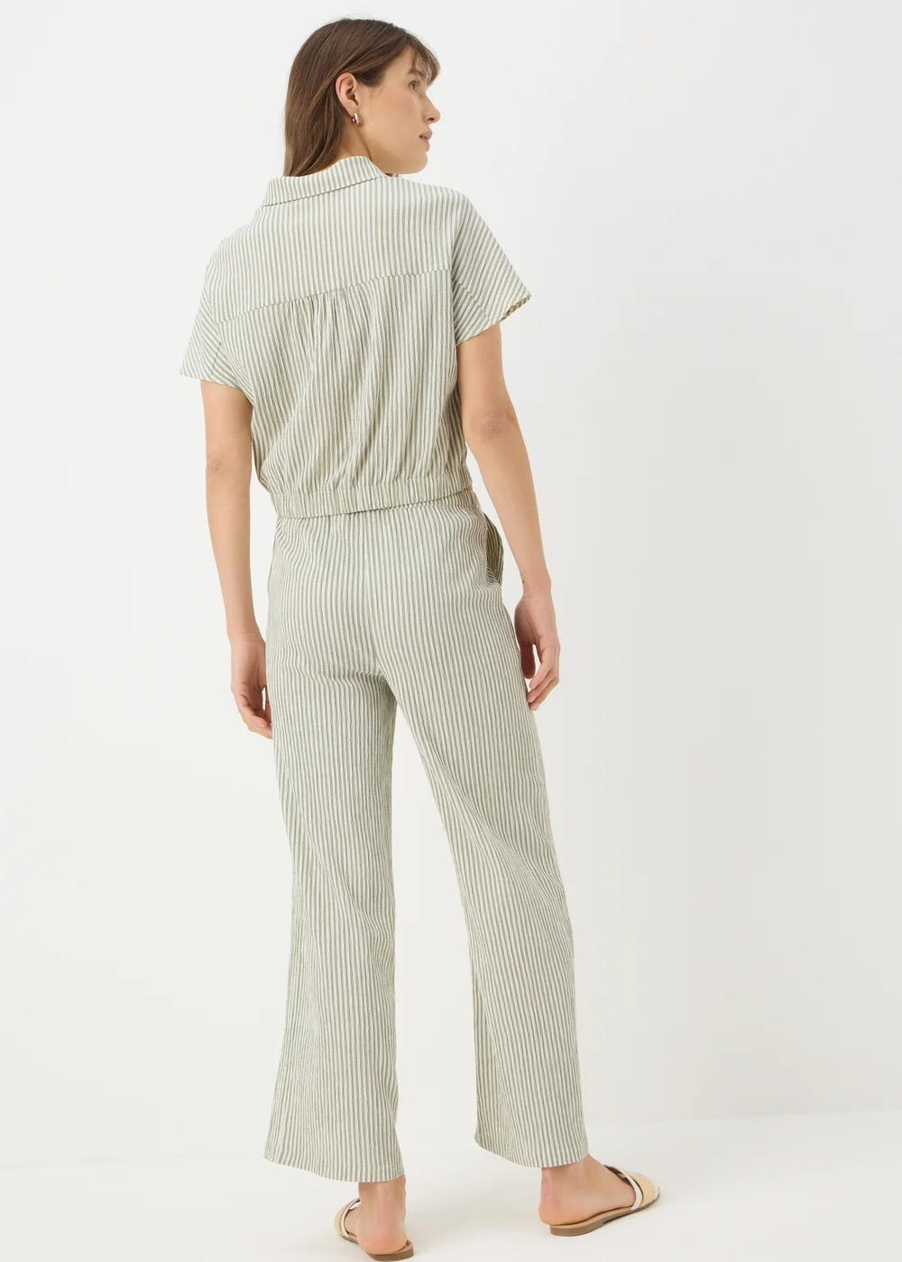 Sage Green Seersucker Stripe Wide Leg Trousers - 8/L29 Image 2