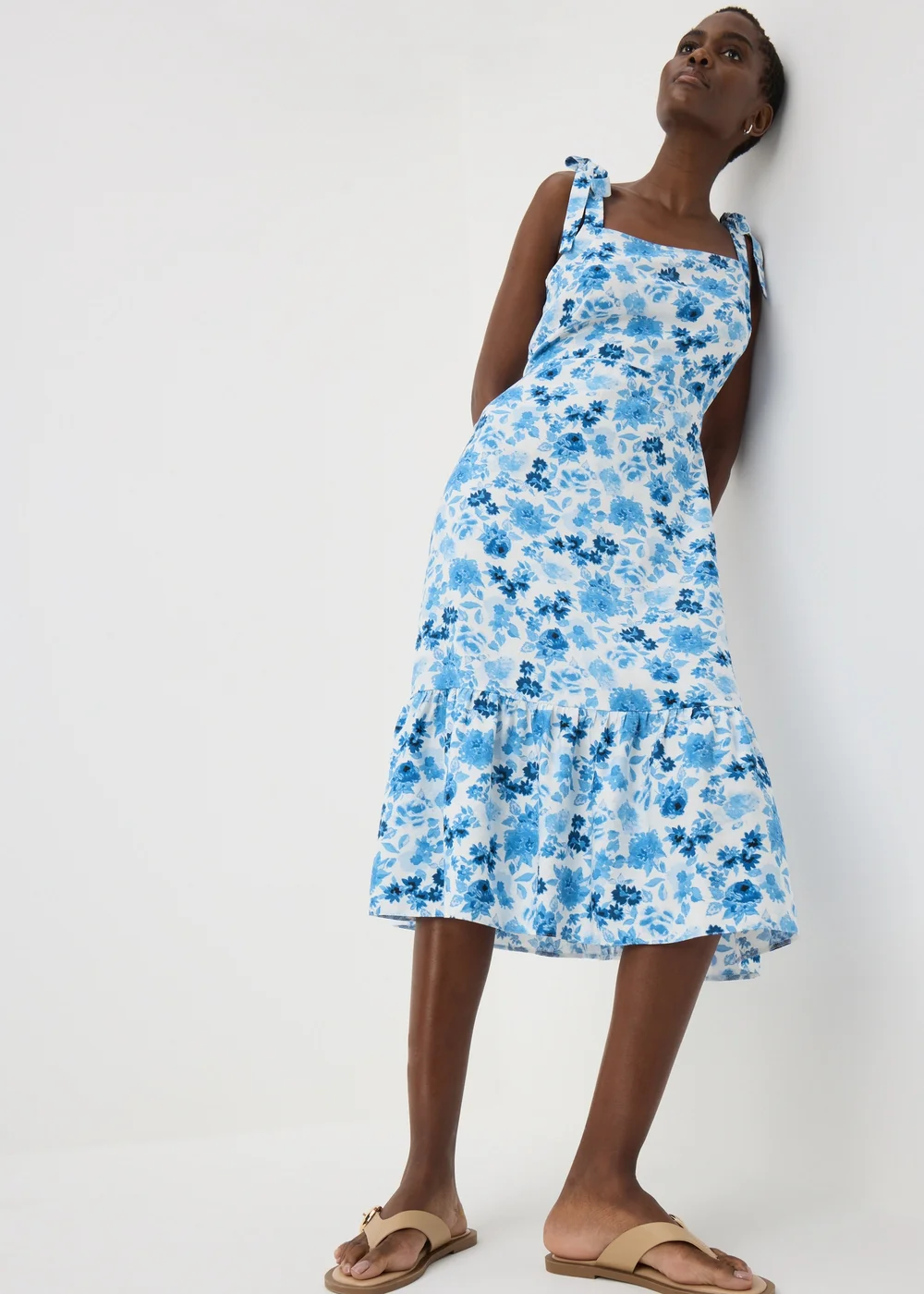 Blue Floral Tie Midi Dress - 8 Image 1