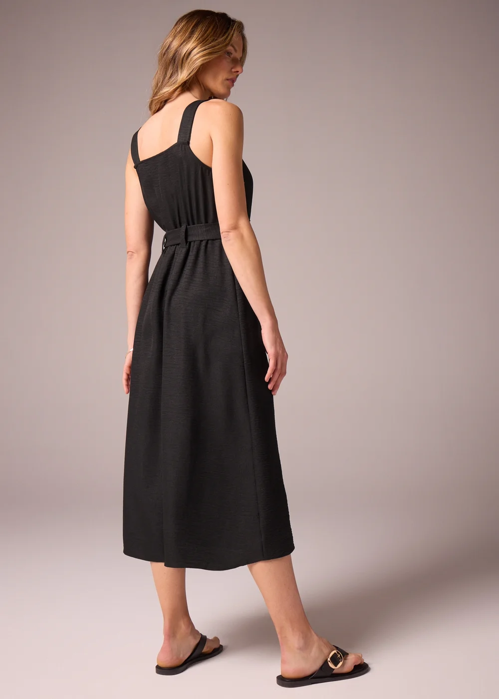 Black Square Neck Belted Midi Dress - 8 Image 2