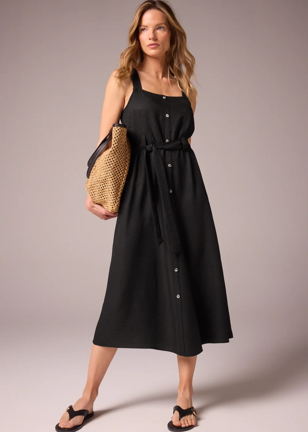 Black Square Neck Belted Midi Dress - 8 Image 1