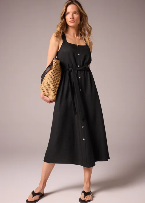 Black Square Neck Belted Midi Dress - 8 Image 1