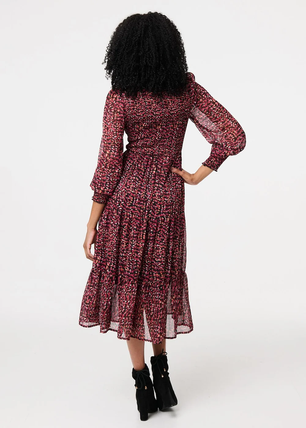 Izabel London Red Ditsy Floral Tier Puff Sleeve Midi Dress - 8 Image 3