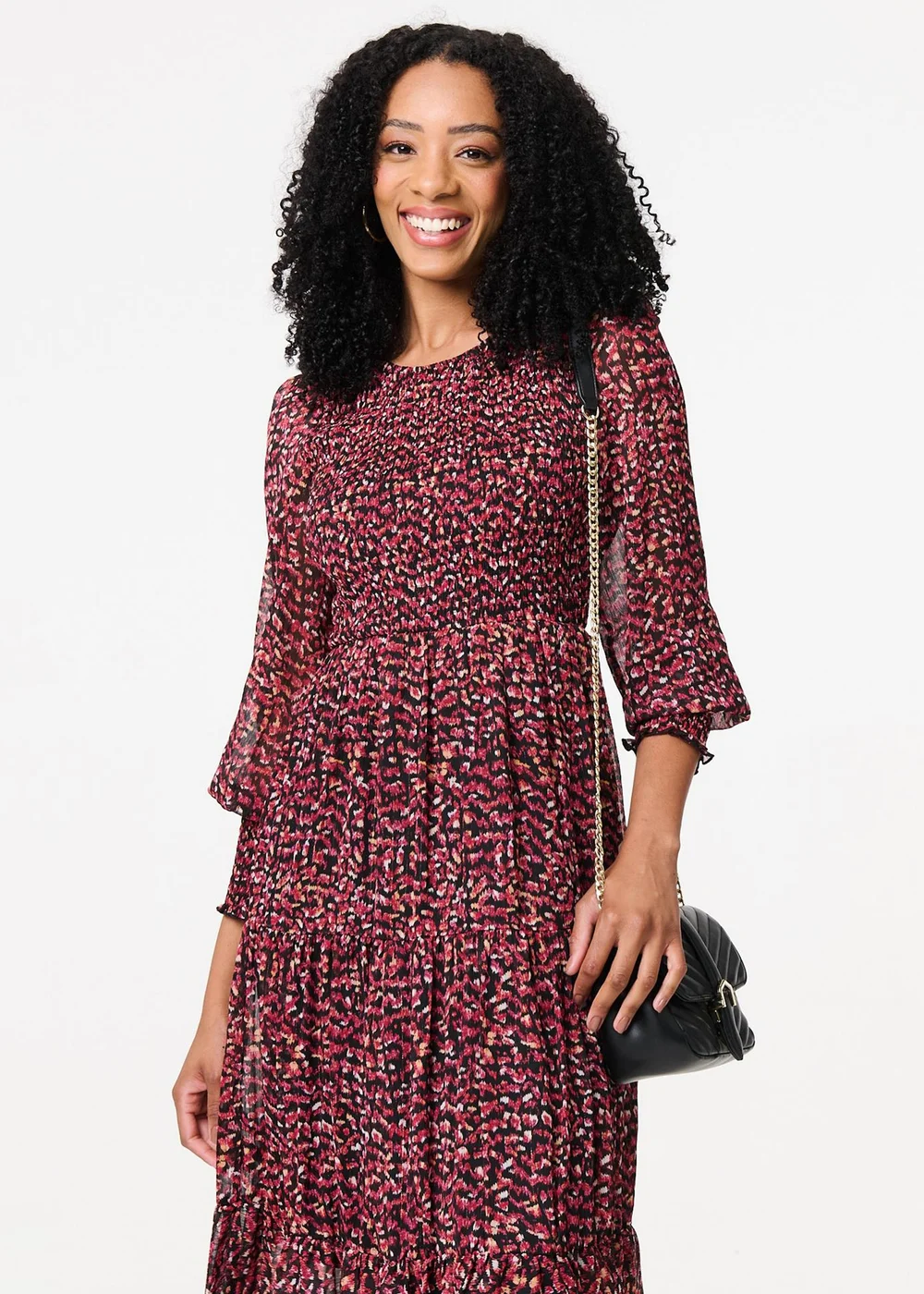 Izabel London Red Ditsy Floral Tier Puff Sleeve Midi Dress - 8 Image 4