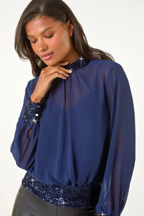 Roman Navy High Neck Chiffon Sequin Stretch Top - 10 Image 3