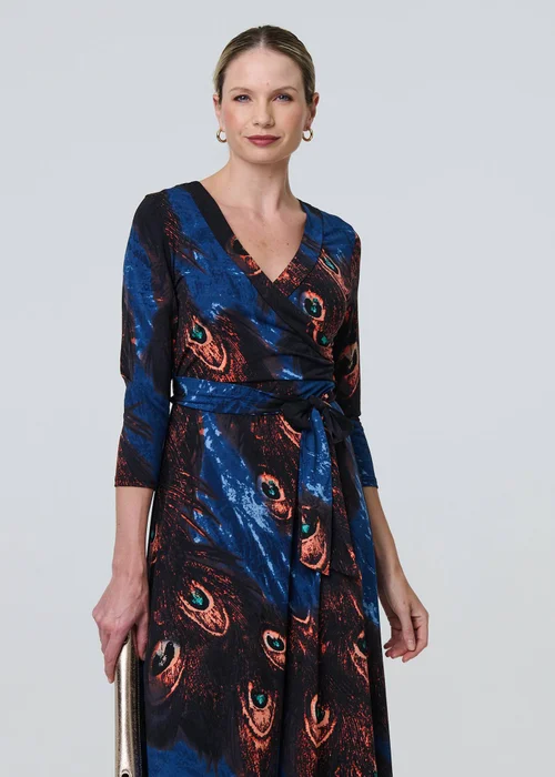 Izabel London Blue Peacock Print 3/4 Sleeve Wrap Maxi Dress - 8 Image 4