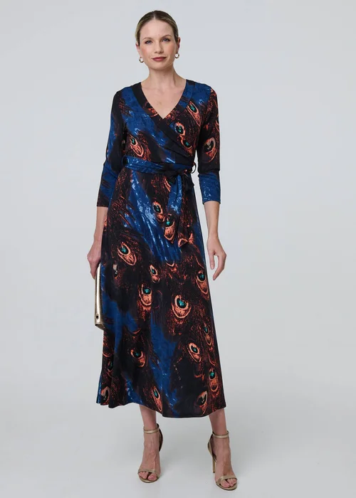 Izabel London Blue Peacock Print 3/4 Sleeve Wrap Maxi Dress - 8 Image 1