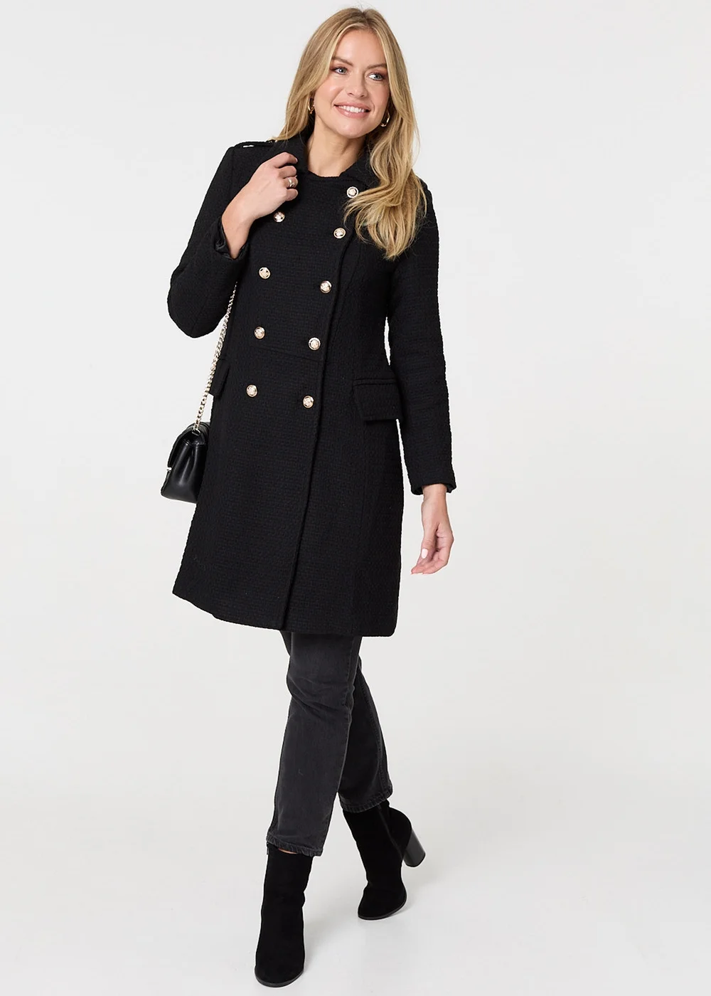 Izabel London Black Textured Knit Button Front Trench Coat - Size 8 Image 1