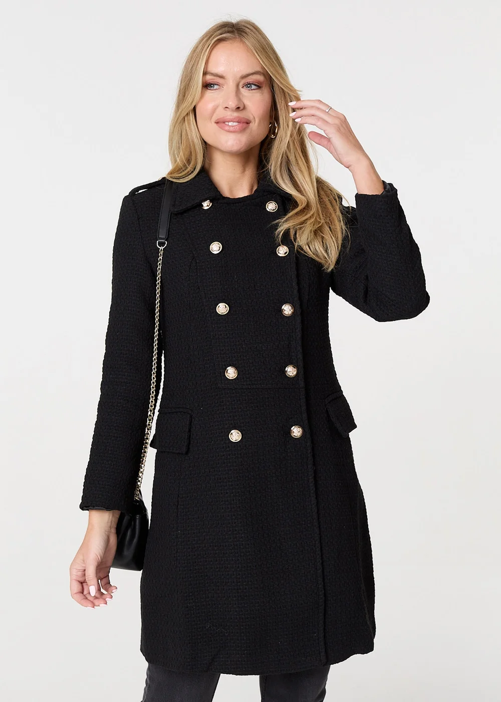 Izabel London Black Textured Knit Button Front Trench Coat - Size 8 Image 4