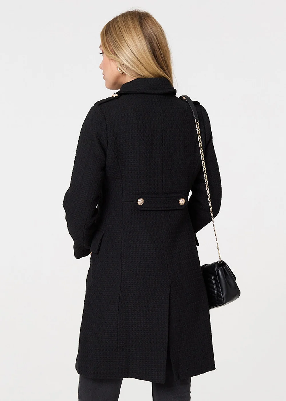 Izabel London Black Textured Knit Button Front Trench Coat - Size 8 Image 3
