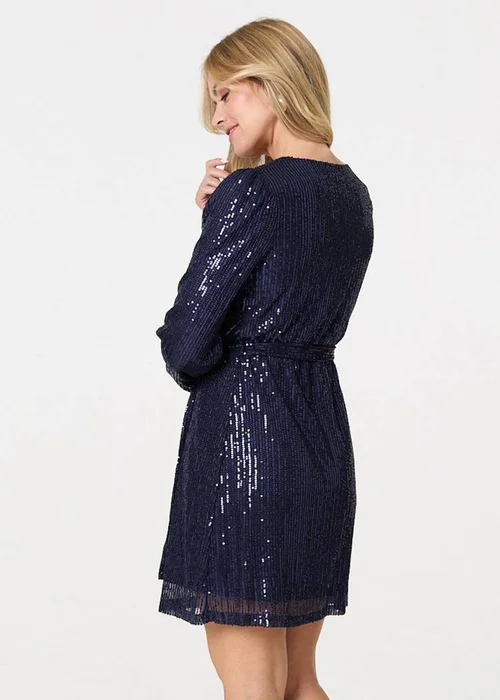 Izabel London Navy Sparkly Sequin Long Sleeve Mini Wrap Dress - 8 Image 2