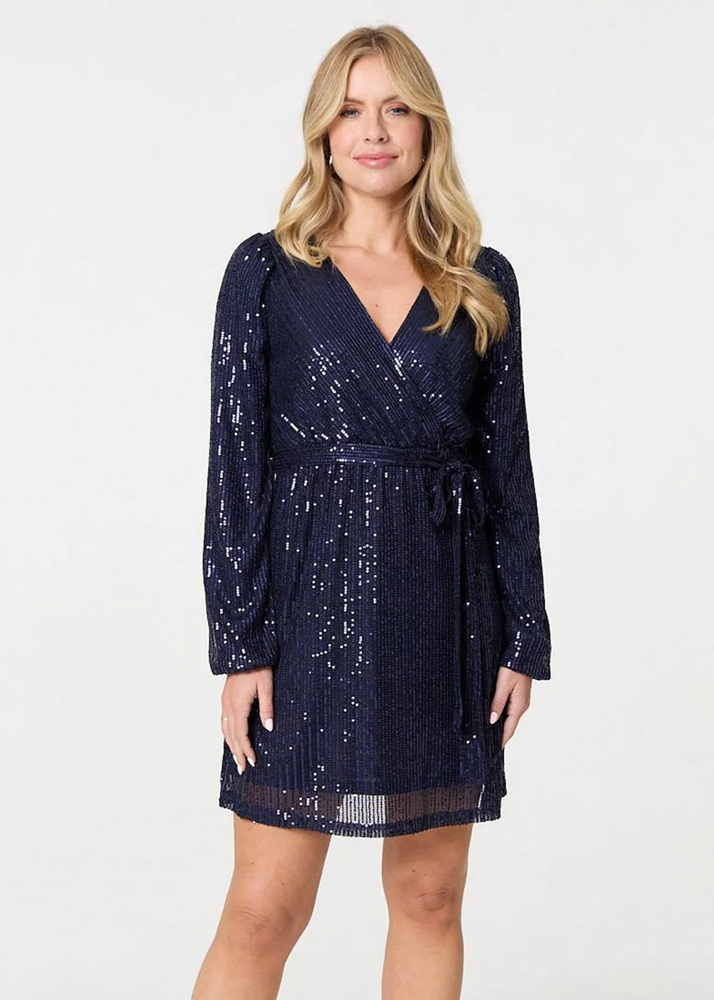 Izabel London Navy Sparkly Sequin Long Sleeve Mini Wrap Dress - 8 Image 1