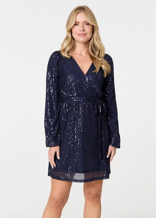 Izabel London Navy Sparkly Sequin Long Sleeve Mini Wrap Dress - 8 Image 1