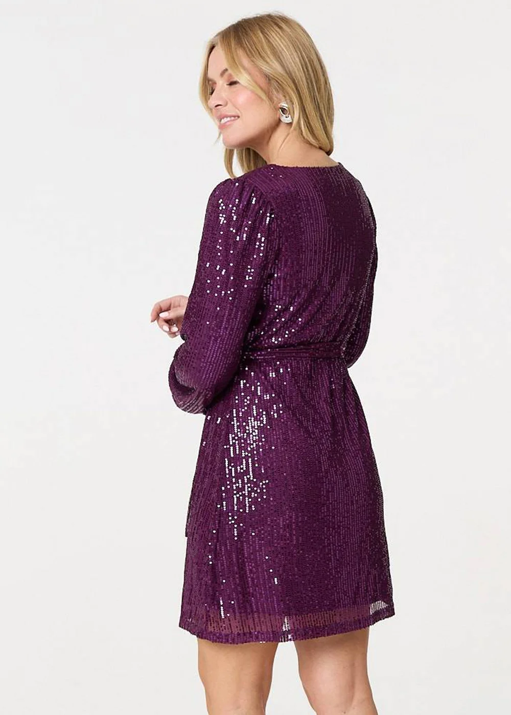 Izabel London Purple Sparkly Sequin Long Sleeve Mini Wrap Dress - 18 | Matalan Izabel London Purple Sparkly Sequin Long Sleeve Mini Wrap Dress - 18 | Matalan