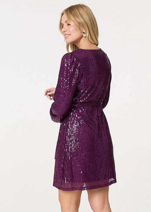 Izabel London Purple Sparkly Sequin Long Sleeve Mini Wrap Dress - 8 Image 2