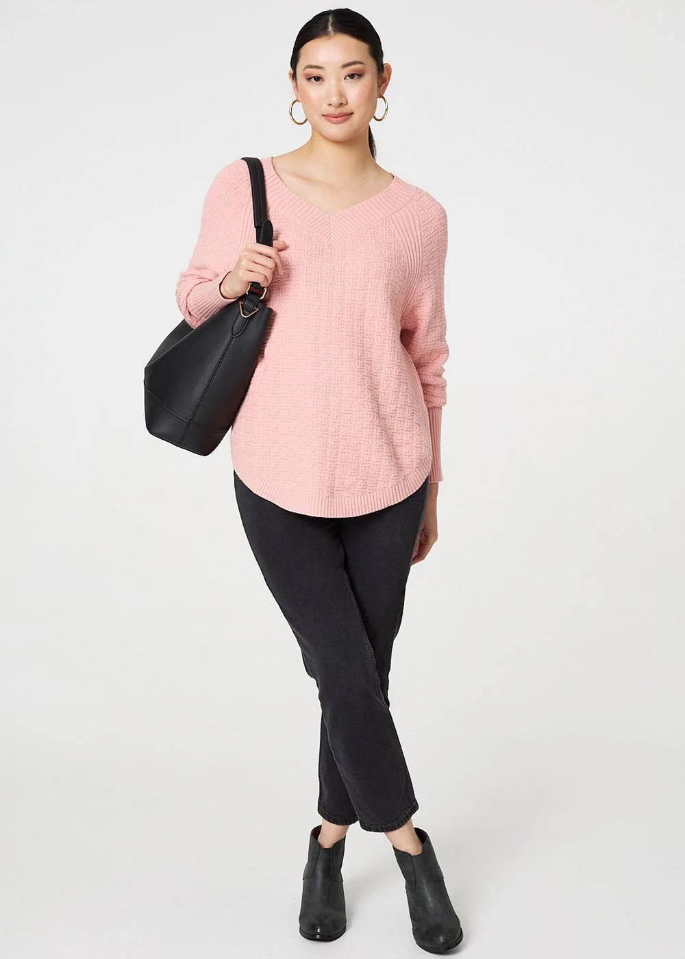 Izabel London Pink Textured V-Neck Relaxed Curve Hem Jumper - 10 Image 1