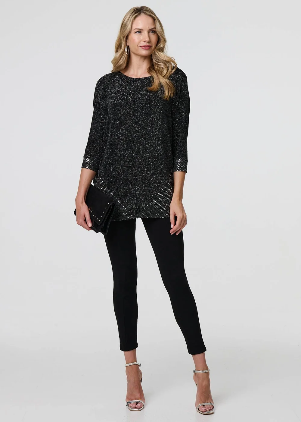 Izabel London Black Glittery Metallic Trim 3/4 Sleeve Tunic - 8 Image 1