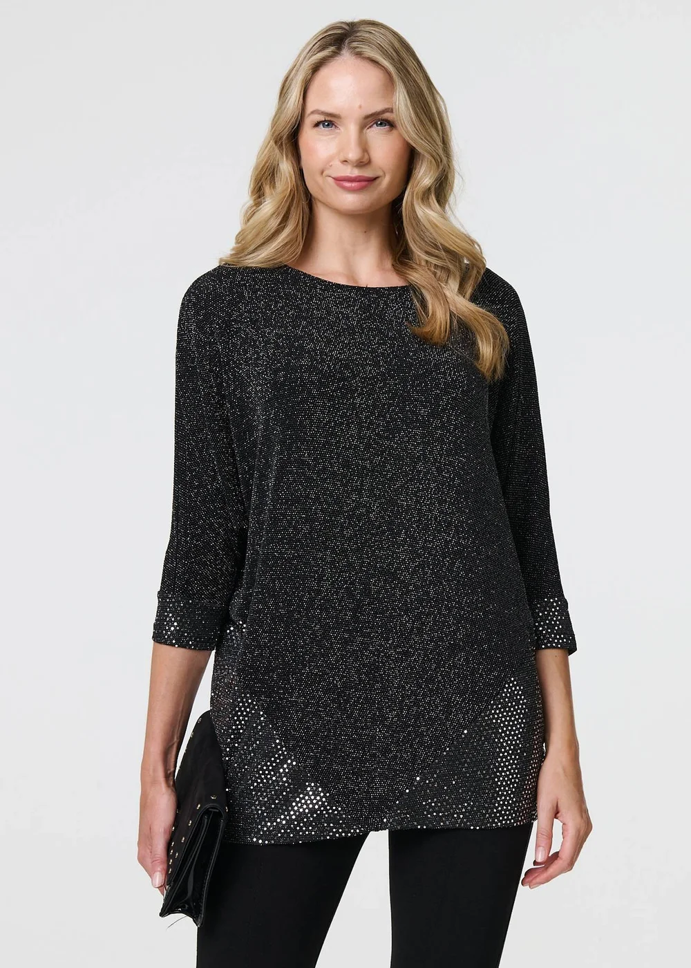 Izabel London Black Glittery Metallic Trim 3/4 Sleeve Tunic - 8 Image 4