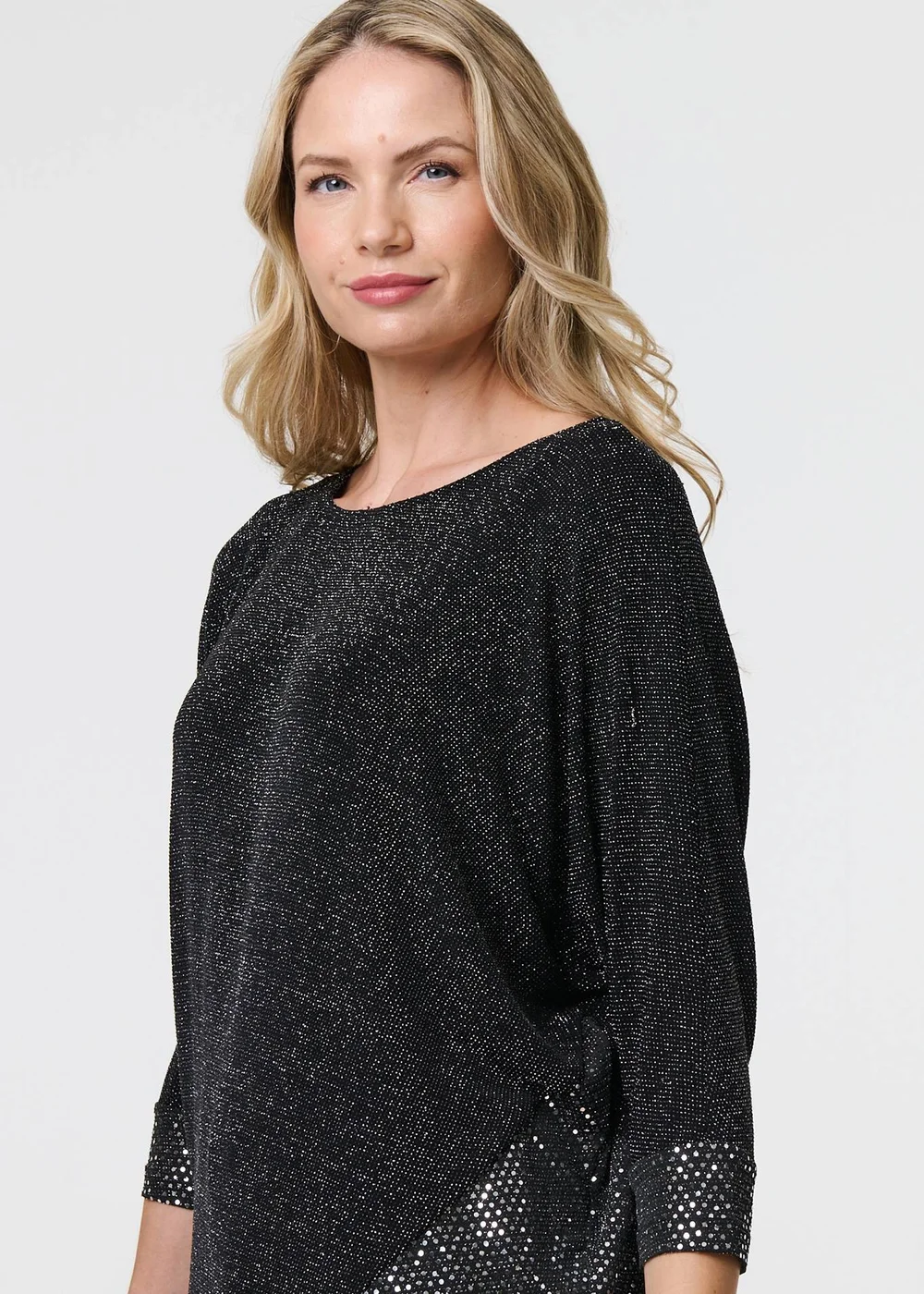 Izabel London Black Glittery Metallic Trim 3/4 Sleeve Tunic - 8 Image 2