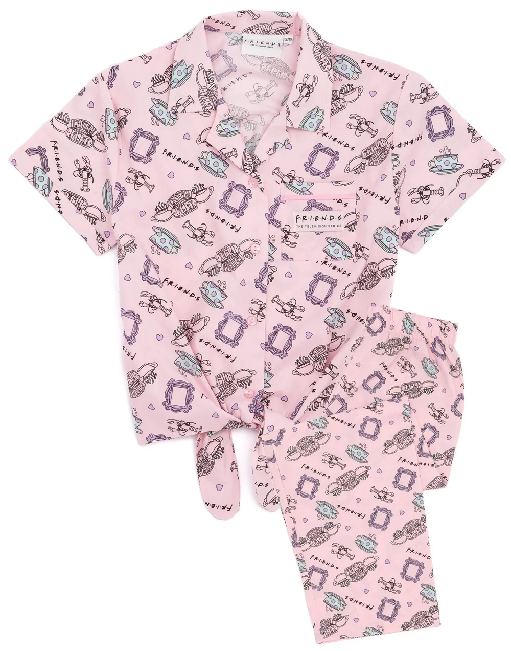 Vanilla Underground Friends Girls Pink Central Perk Logo Aop Pyjama Set (7 - 13 Years) - Age 7-8 Years Image 1