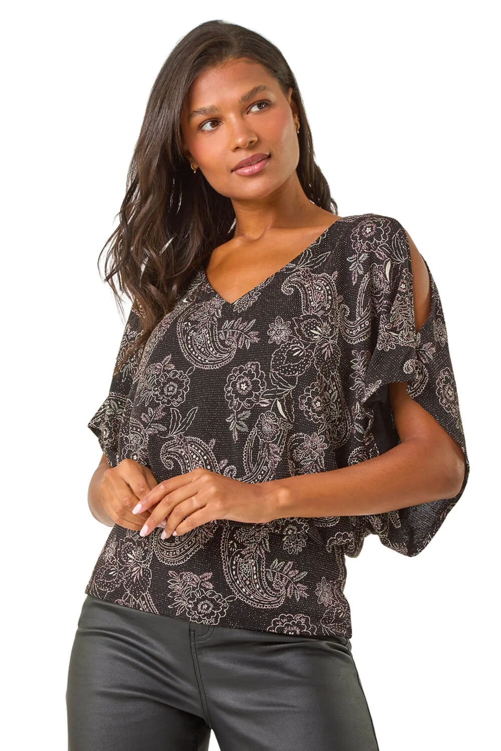 Roman Black Glitter Print Banded Hem Stretch Top - 10 Image 1