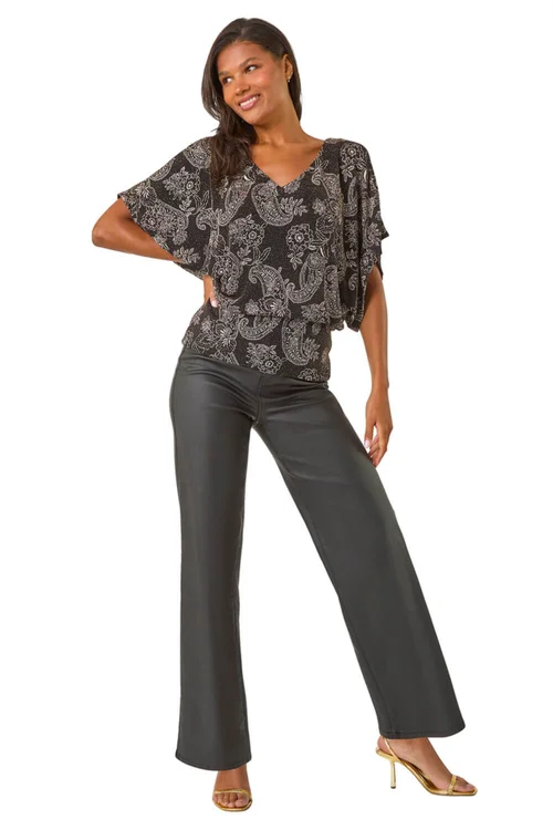 Roman Black Glitter Print Banded Hem Stretch Top - 10 Image 2