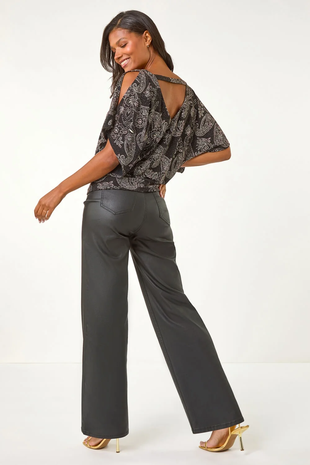 Roman Black Glitter Print Banded Hem Stretch Top - 10 Image 3