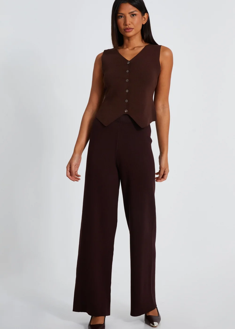 Quiz Brown Knit Wide Leg Trousers - S Image 1