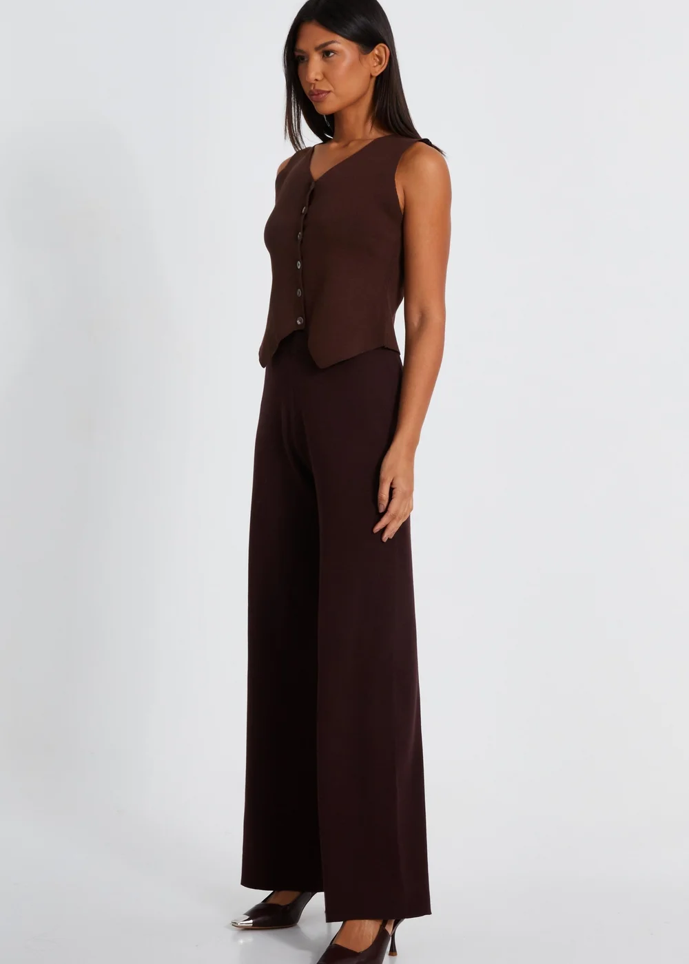 Quiz Brown Knit Wide Leg Trousers - S Image 3