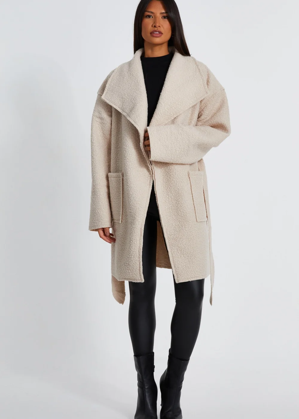 Quiz Stone Boucle Tie Belt Coat - S/M Image 1