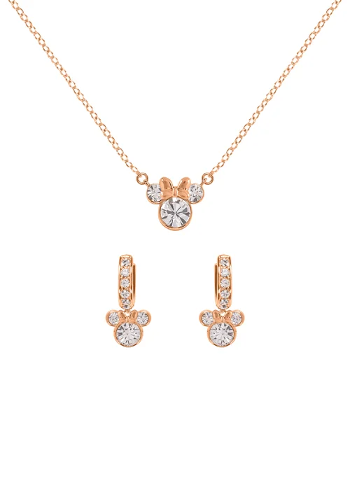 Disney Minnie Mouse Rose Gold Plated Crystal Hoop Earrings & Necklace Set - One Size Image 1