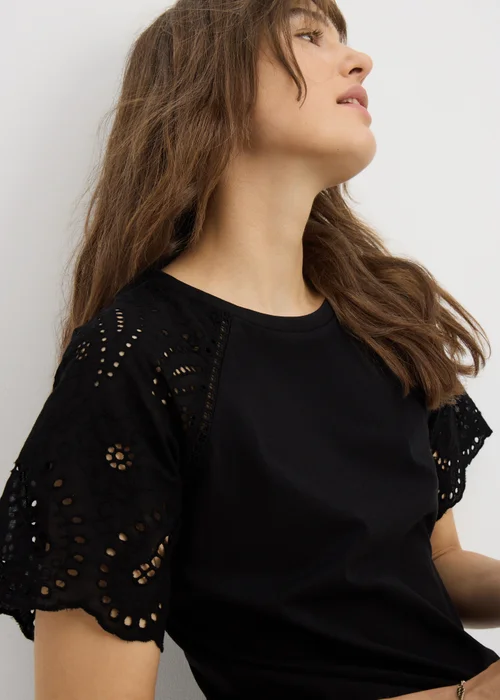 Black Broderie Raglan Sleeve T-Shirt - 8 Image 3