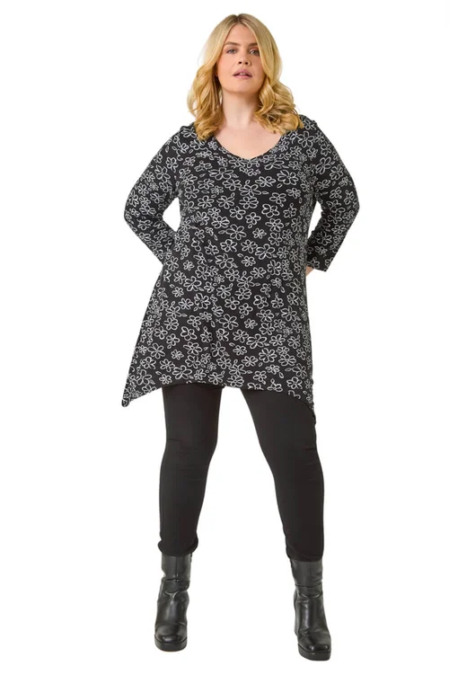 Roman Black Curve Floral Print V-Neck Tunic - 16 Image 2
