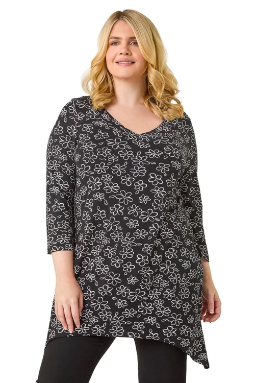 Roman Black Curve Floral Print V-Neck Tunic - 16 Image 1