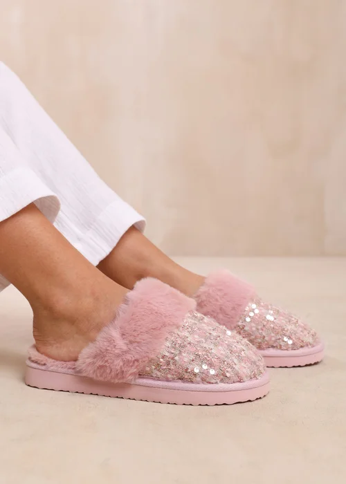 Where's That From Pink Cozy Slip On Sequin Slippers - 3 Image 1