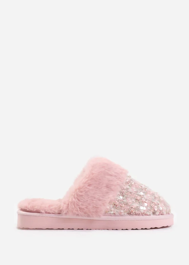 Where's That From Pink Cozy Slip On Sequin Slippers