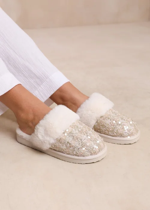 Where's That From Beige Cozy Slip On Sequin Slippers - 3 Image 1