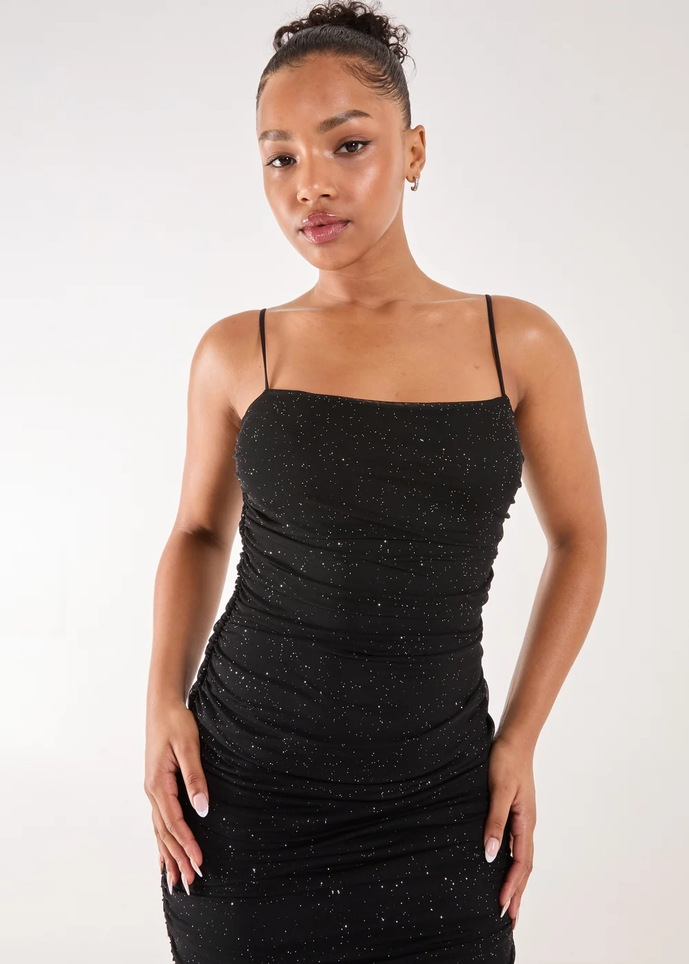 Pink Vanilla Black Glitter Mesh Ruched Midi Dress - 6 Image 3
