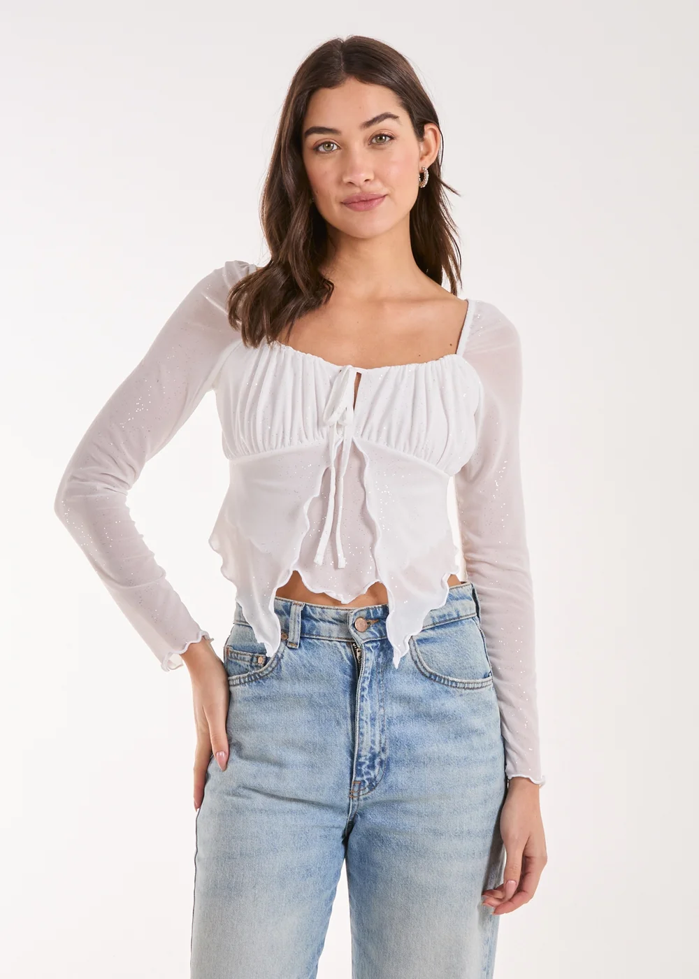 Pink Vanilla White Glitter Long Sleeve Mesh Butterfly Top - S Image 1