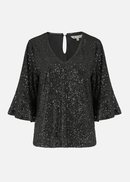 Yumi Black Sequin Top With Fluted Sleeve - 8 Image 3