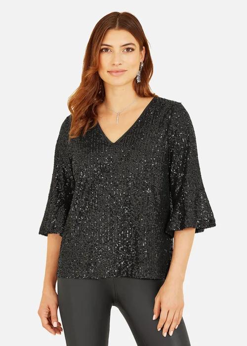 Yumi Black Sequin Top With Fluted Sleeve - 8 Image 1