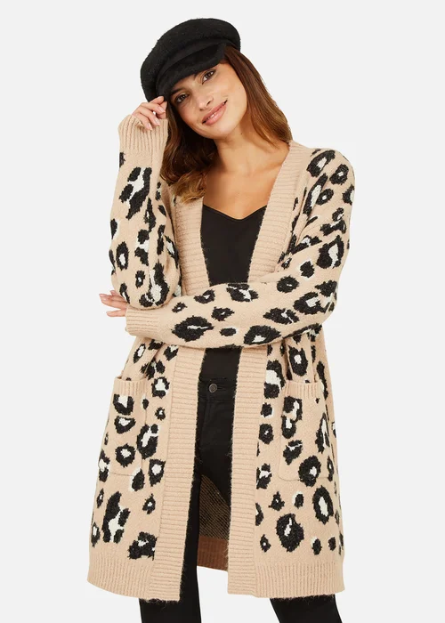 Yumi Beige Animal Print Intarsia Knit Long Cardigan - S/M Image 1