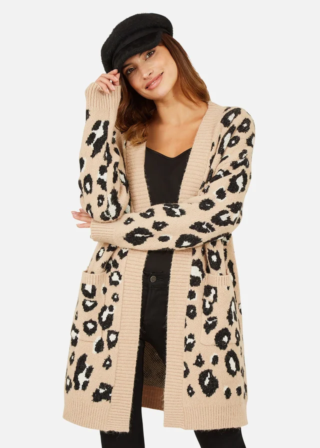 Yumi Beige Animal Print Intarsia Knit Long Cardigan