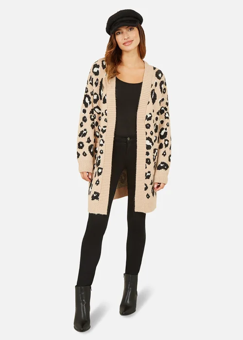 Yumi Beige Animal Print Intarsia Knit Long Cardigan - S/M Image 2
