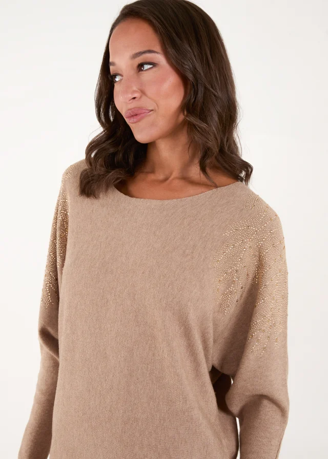 Blue Vanilla Brown Embellished Shoulder Jumper