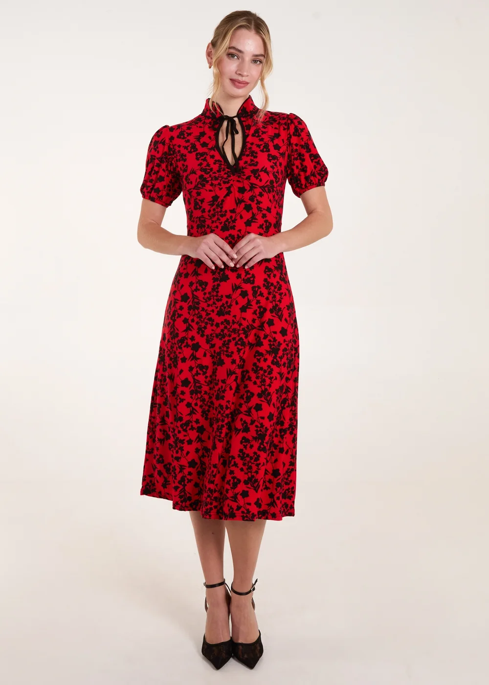 Blue Vanilla Red Floral Tie Collar Midi Dress - 8 Image 1