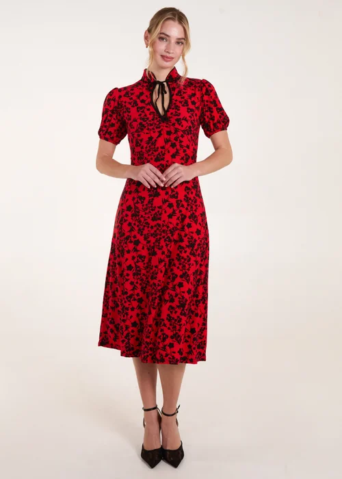 Blue Vanilla Red Floral Tie Collar Midi Dress - 8 Image 1