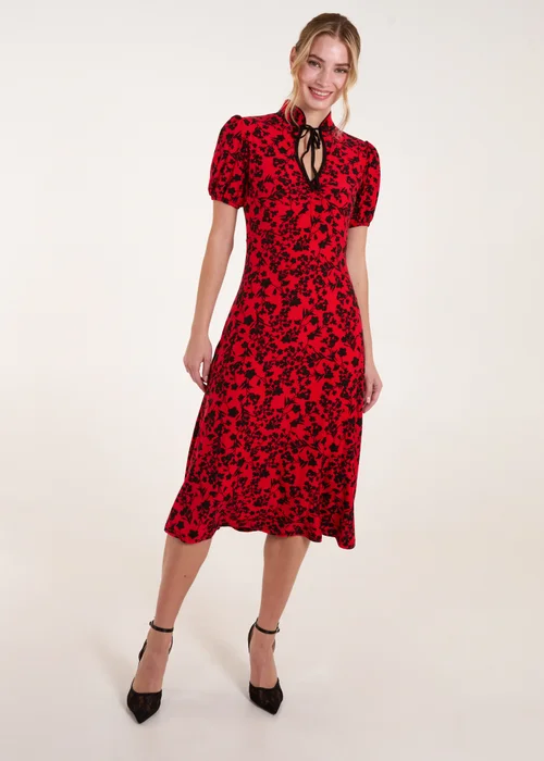 Blue Vanilla Red Floral Tie Collar Midi Dress - 8 Image 4
