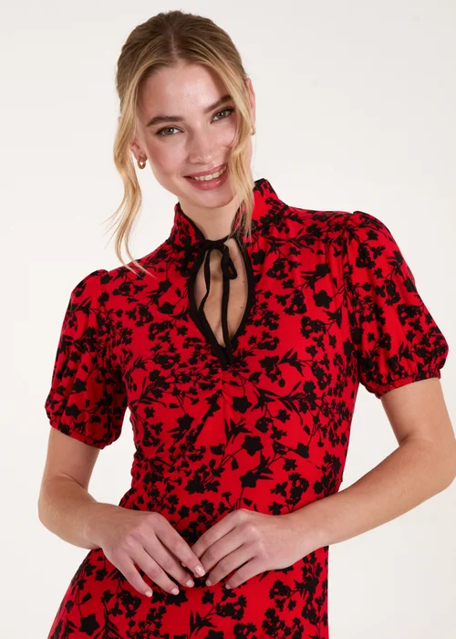 Blue Vanilla Red Floral Tie Collar Midi Dress - 8 Image 3