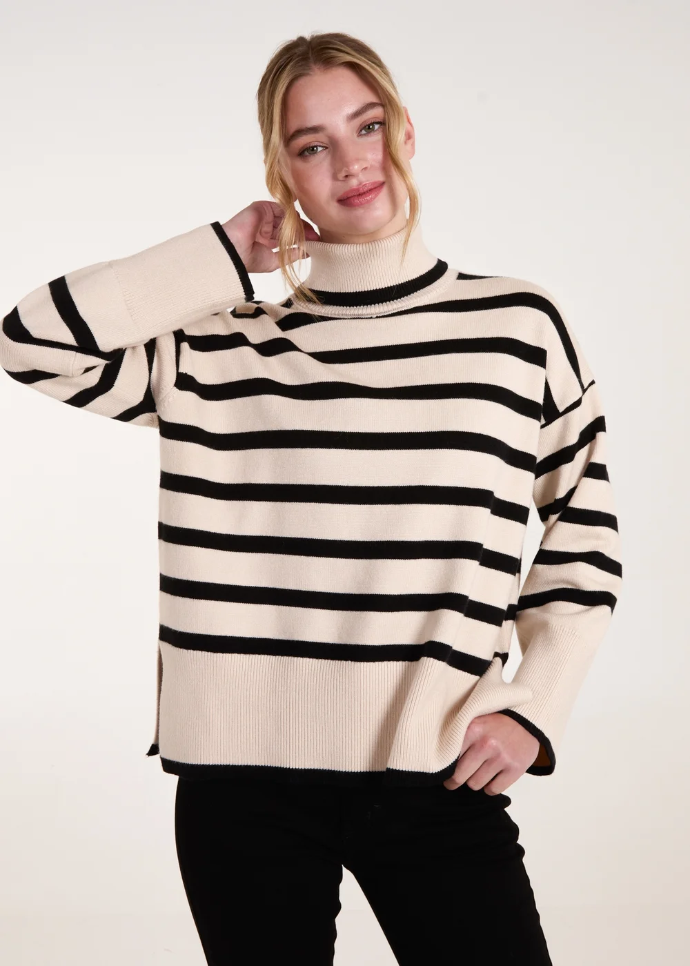 Blue Vanilla Cream Wide Stripe Roll Neck Jumper - S Image 1