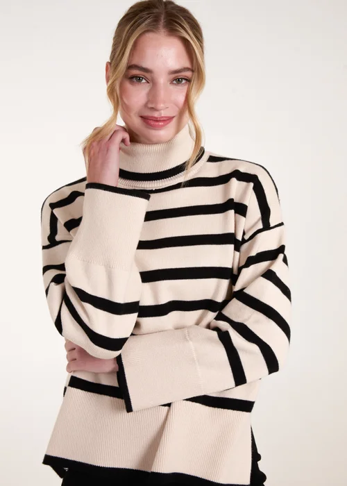 Blue Vanilla Cream Wide Stripe Roll Neck Jumper - S Image 2